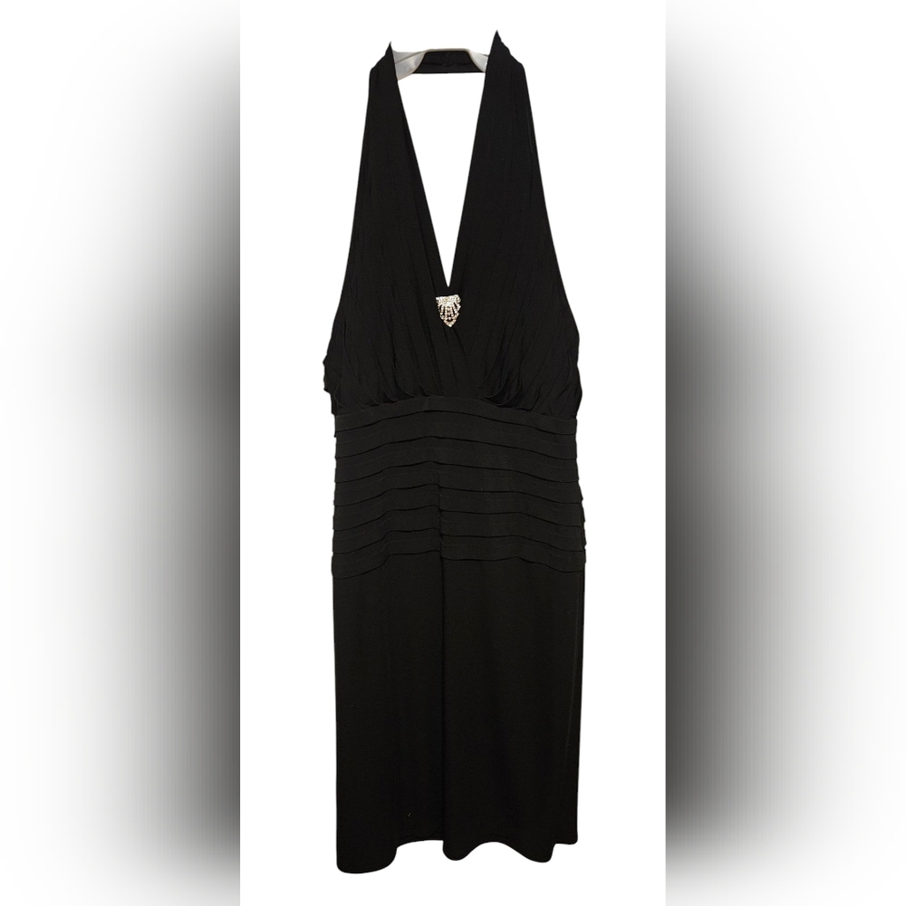 Vintage Tadashi Shoji Halter Black Ruffle Pleated Dress Size L